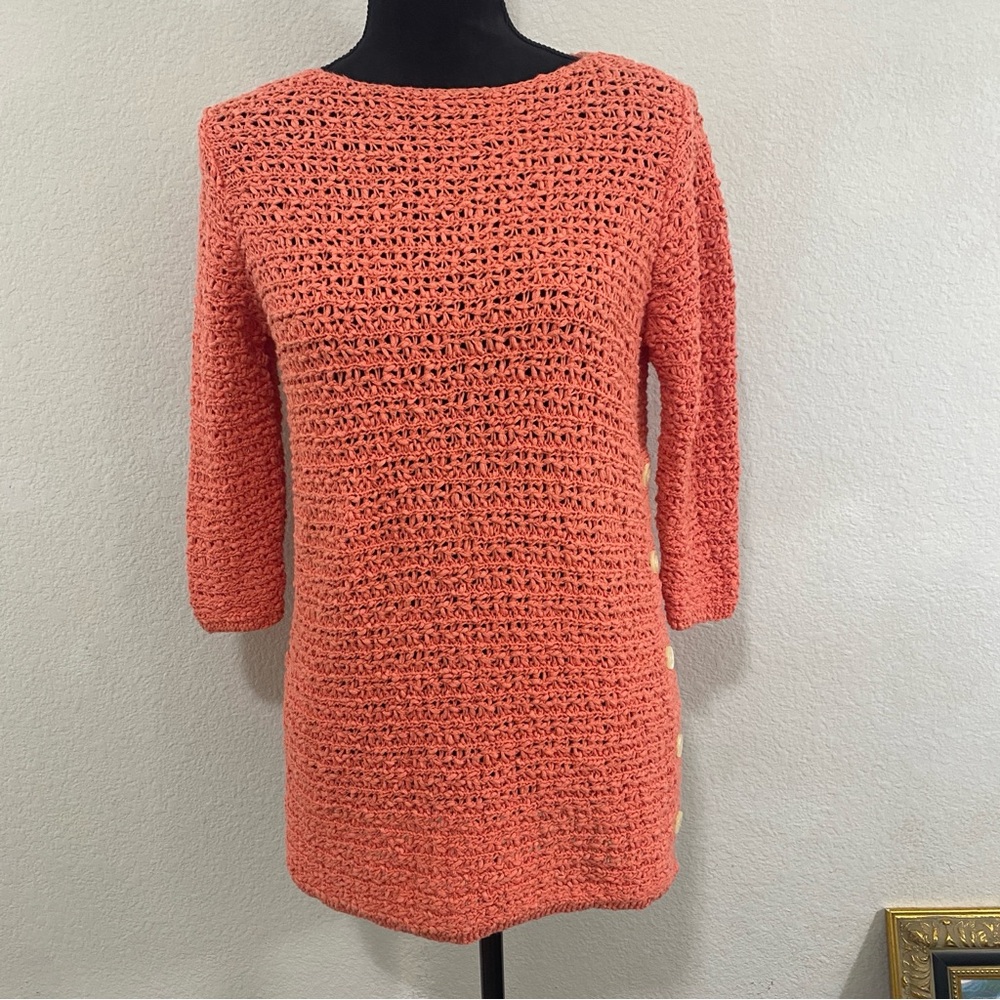 J. Jill‎ 100% Cotton Open Knit Button Side Coral Women's Sweater, Size XS